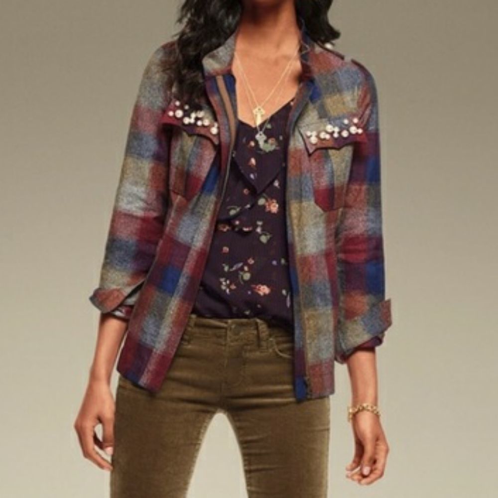 CABI Multicolored Plaid Pearl Embellished College Shirt Jacket Size Small